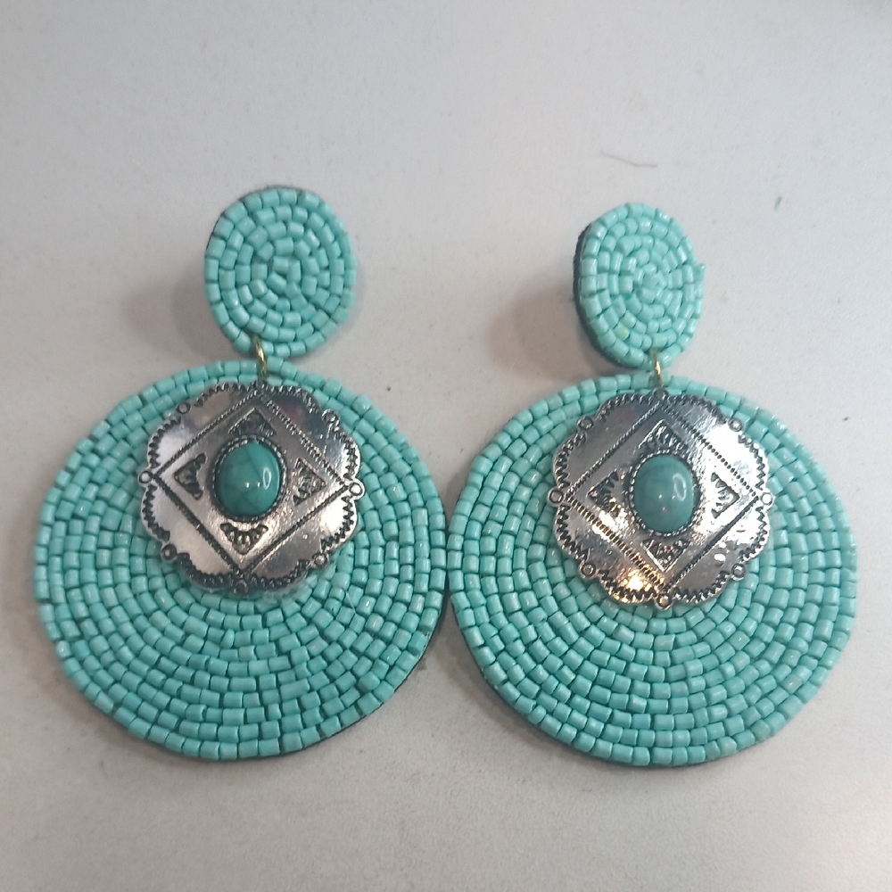 South Western Style Turquoise Seed Bead and Silver Beaded Earrings